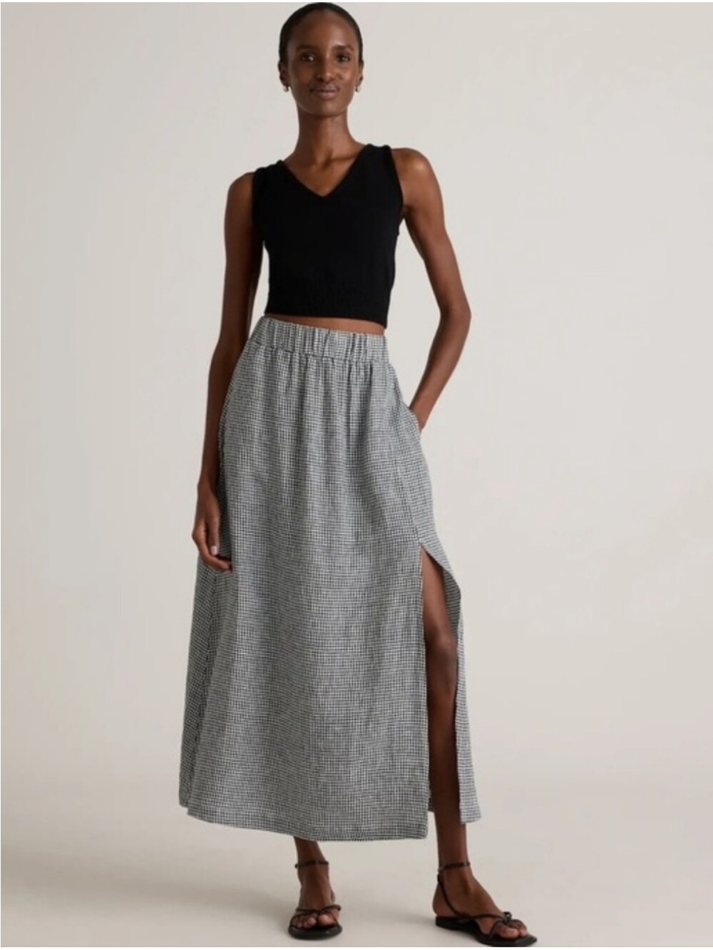 Quince Maxi Side-Slit Black & White Check Skirt